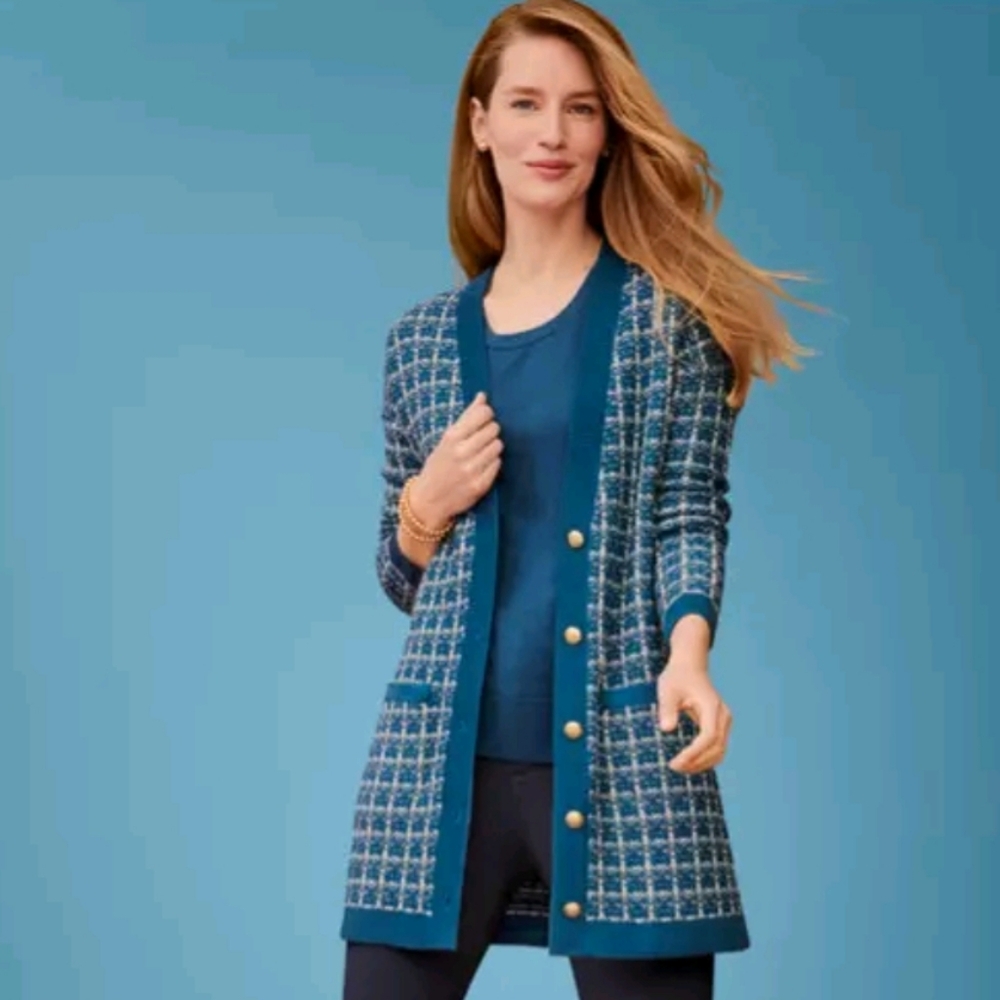 Talbots Merino Wool V-neck Cardigan blue textured plaid
